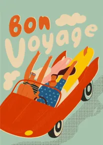 Retro bon voyage card with two travellers in a red convertible carrying surfboards and waving.