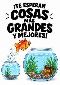 Tarjeta con el texto «¡TE ESPERAN COSAS MÁS GRANDES Y MEJORES!» y un pez dorado saltando de una pecera pequeña a otra grande.