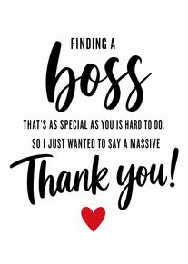 Bold black typography thanks a special boss with a red heart on a white background.