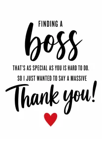 Bold black typography thanks a special boss with a red heart on a white background.
