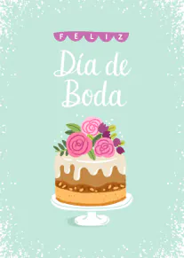 Tarjeta verde menta con el texto «Feliz Día de Boda» y una tarta decorada con flores rosas.
