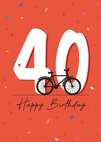 Orange 40 birthday card with bicycle, confetti, and happy birthday lettering.