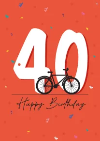 Orange 40 birthday card with bicycle, confetti, and happy birthday lettering.