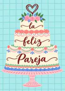 Ilustración de una tarta de boda de tres pisos con flores, un corazón y el texto «la feliz Pareja».