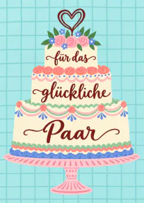 Illustrierte mehrstöckige Hochzeitstorte mit Blumen, Herzaufsatz und dem Schriftzug „für das glückliche Paar“ vor türkisfarbenem Karohintergrund.