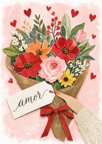 Tarjeta rosa con un ramo de flores de papel, corazones rojos y una etiqueta que dice «amor».