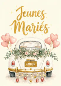 Carte de mariage montrant une voiture blanche fleurie, des ballons en forme de cœur et le texte « Jeunes Mariés ».