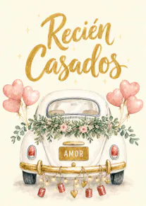 Ilustración en acuarela de un coche blanco decorado con flores, globos de corazón y el texto «Recién Casados».