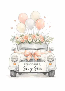 Tarjeta de boda con coche blanco decorado con flores, un gran lazo y globos en tonos pastel.