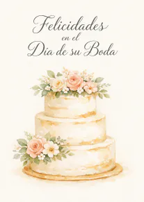 Tarjeta de boda con una tarta de tres pisos decorada con flores rosas y el mensaje «Felicidades en el Día de su Boda».