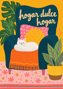 Ilustración de un gato blanco dormido en un sillón azul con plantas, bajo el texto «hogar dulce hogar».