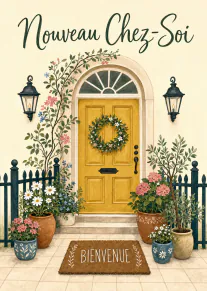 Carte illustrée d’une porte jaune ornée d’une couronne, entourée de fleurs en pots, avec les mots « Nouveau Chez-Soi » et « BIENVENUE ».