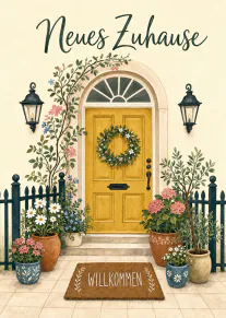 Illustrierte gelbe Haustür mit Blumenkranz, Topfpflanzen, schwarzen Laternen und den Worten „Neues Zuhause“ und „WILLKOMMEN“.
