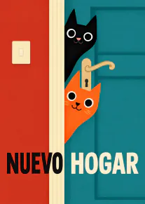 Tarjeta de nuevo hogar con dos gatos asomados tras una puerta entreabierta.