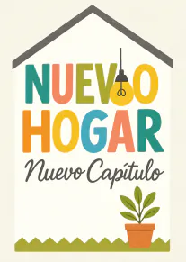 Tarjeta con una casa delineada, el texto «NUEVO HOGAR Nuevo Capítulo» y una planta en maceta.