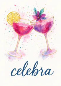 Tarjeta de acuarela con dos copas de cóctel rosas, una rodaja de limón, una flor y el texto «Celebra».