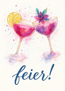 Aquarellillustration von zwei pink-lila Cocktails mit Zitronenscheibe und Blüte, darunter steht „feier!“.