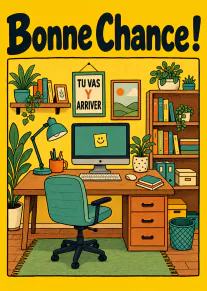 Carte jaune illustrée d’un bureau avec plantes, ordinateur et le message « Bonne Chance ! Tu vas y arriver ».