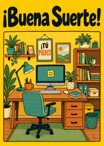 Tarjeta amarilla con un escritorio lleno de plantas y el mensaje «¡Buena Suerte!» فوق.