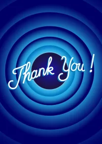 Blue concentric circles frame bold white Thank You lettering in a retro-inspired appreciation card design.