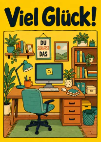 Gelbe Karte mit „Viel Glück!“, einer illustrierten Büroeinrichtung und dem gerahmten Spruch „DU SCHAFFST DAS“.