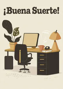 Ilustración retro de un escritorio de oficina con el mensaje «¡Buena Suerte!».