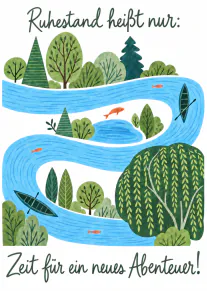 Illustrierte Ruhestandskarte mit gewundenem blauem Fluss, Kanus, Fischen und grünen Bäumen.
