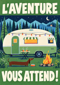Carte illustrée d’une caravane dans une forêt de montagne nocturne, avec un chien et un feu de camp.