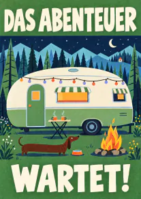 Illustrierter Wohnwagen bei Nacht in den Bergen mit Dackel, Lagerfeuer und dem Text „DAS ABENTEUER WARTET!“