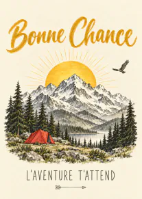 Carte illustrée avec montagnes enneigées, soleil levant, sapins, tente rouge et le message « Bonne Chance, L’AVENTURE T’ATTEND ».