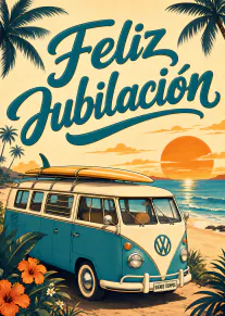 Tarjeta de jubilación con una furgoneta retro azul junto a la playa al atardecer.