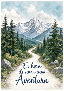 Ilustración en acuarela de un sendero entre pinos hacia montañas nevadas, con el texto «Es hora de una nueva Aventura».