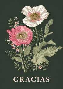 Tarjeta verde oscuro con amapolas rosas y blancas ilustradas y la palabra «GRACIAS».