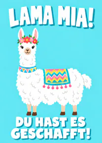 Weißes Lama mit Blumenkranz und bunter Decke auf türkisfarbenem Grund, umgeben von Glückwunschtext.