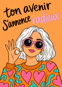 Illustration d’une femme aux cheveux blancs portant des lunettes roses, sur fond orange, avec un message optimiste.