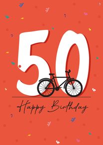 Bright orange birthday card with large 50, bicycle graphic, confetti and Happy Birthday text below.