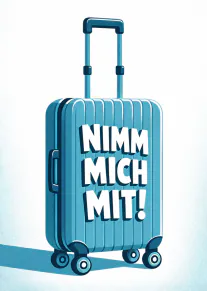 Illustration eines türkisblauen Rollkoffers mit der Aufschrift „NIMM MICH MIT!“