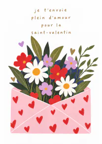 Carte de Saint-Valentin avec un bouquet de fleurs dans une enveloppe rose ornée de cœurs.