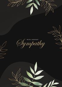 Black sympathy card with gold leaves and soft green foliage surrounding deepest sympathy wording.