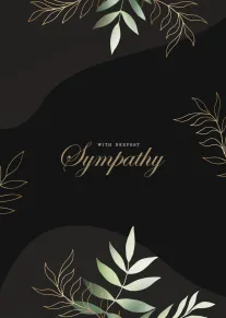 Black sympathy card with gold leaves and soft green foliage surrounding deepest sympathy wording.