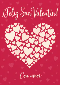 Tarjeta roja de San Valentín con un gran corazón formado por corazones crema y rosas.