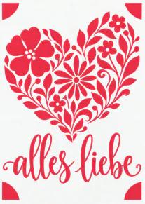 Weisse Karte mit rotem Blumenherz und dem Schriftzug „alles liebe“.