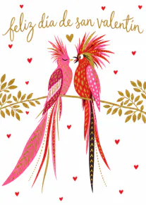 Tarjeta blanca con dos pájaros rosados y rojos sobre una rama dorada, rodeados de corazones y el texto «feliz dia de san valentin».
