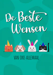 Turkooizen kaart met de tekst ‘De Beste Wensen van ons allemaal’ en vier feestelijke dieren met puntmutsen.
