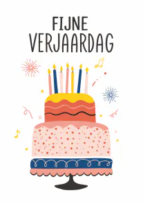 Verjaardagskaart met een grote kleurrijke taart, brandende kaarsjes en de tekst ‘FIJNE VERJAARDAG’.