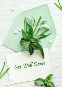 Mint envelope with white flowers and green leaves above a card reading Get Well Soon.