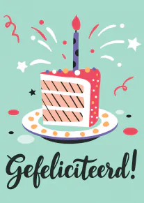 Illustratie van een stuk verjaardagstaart met kaars, confetti en de tekst ‘Gefeliciteerd!’