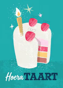 Illustratie van een witte verjaardagstaart met rode kersen, een brandende kaars en de tekst 'Hoera TAART'.