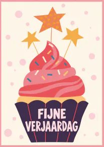 Illustratie van een roze cupcake met sterren en de tekst ‘FIJNE VERJAARDAG’.