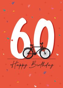 Orange birthday card with giant 60, bicycle illustration, confetti, and Happy Birthday text beneath shown.